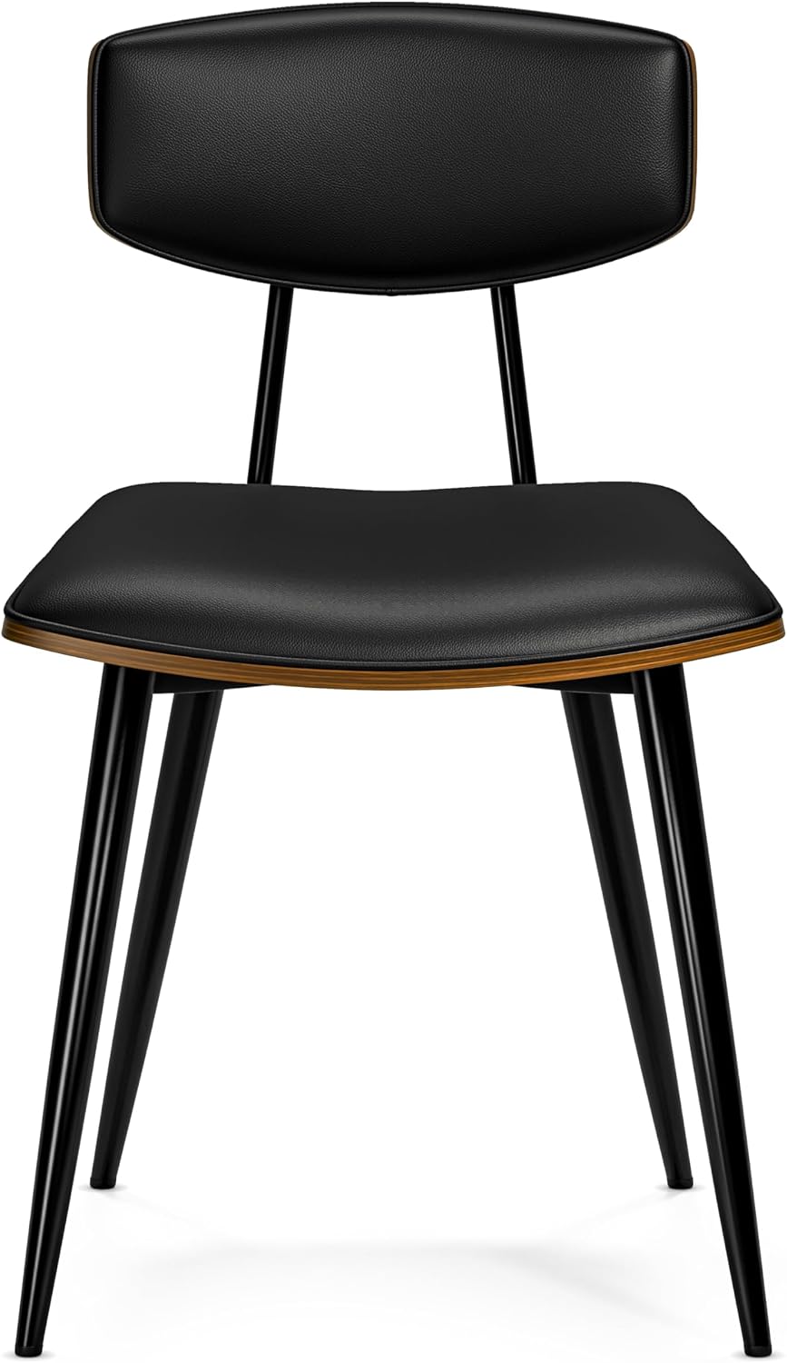 SIMPLIHOME Mavis Dining Chairs - Mid-Century Modern Iron Frame and Vegan Faux Leather Kitchen Chair Set in Black, Dining Room Seating with Curved Wood Veneer Backrest and Padded Seat (Set of 2)