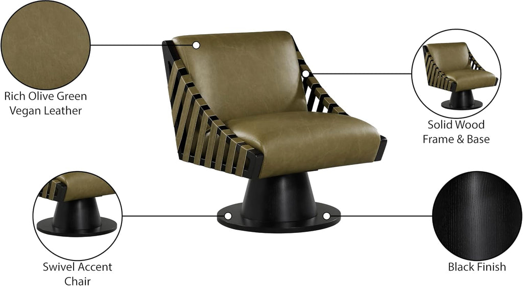 Meridian Furniture 33002Olive Millwin Collection Art Deco Swivel Accent Chair with Rich Olive Green Vegan Leather, Black Finish, Solid Wood Frame and Base, 28' W x 30' D x 32.5' H, Olive