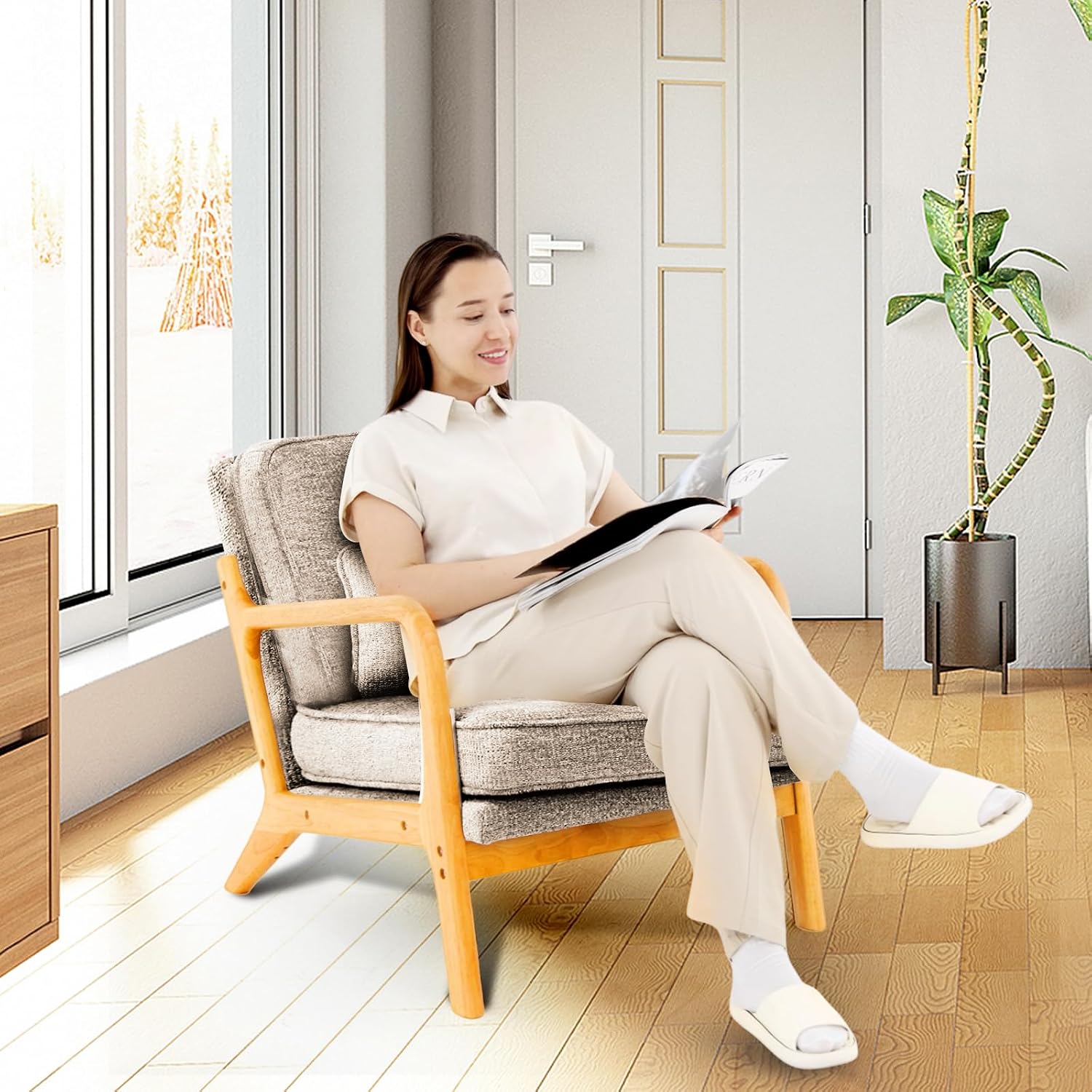 MALOL Mid-Century Accent Chair Set of 2 with Solid Wood Frame, Reading Relaxing Armchair Lumbar Pillow&Soft Cushion, Leisure Chair for Living Room, Bedroom, Waiting Room-Grey