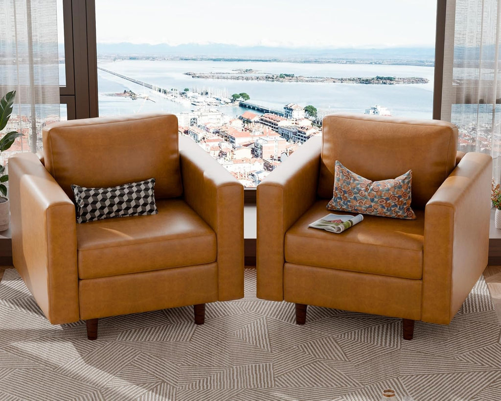 ABCASA Faux Leather Oversized Accent Chair with Storage Deep Seat Single Sofa Large Reading Armchair for Living Room Bedroom Office Brown Set of 2