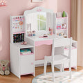 MU Kids Vanity, Girl Vanity Set with Mirror and Stool, 2 in 1 Toddler Makeup Vanity Table with Jewelry Storage, Wooden Princess Makeup Desk Dressing Table for Little Girls, (White)