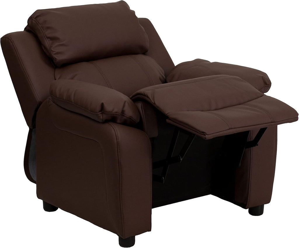 Flash Furniture Charlie LeatherSoft Kids Recliner with Flip-Up Storage Arms and Safety Recline, Contemporary Reclining Chair for Kids, Supports up to 90 lbs., Brown