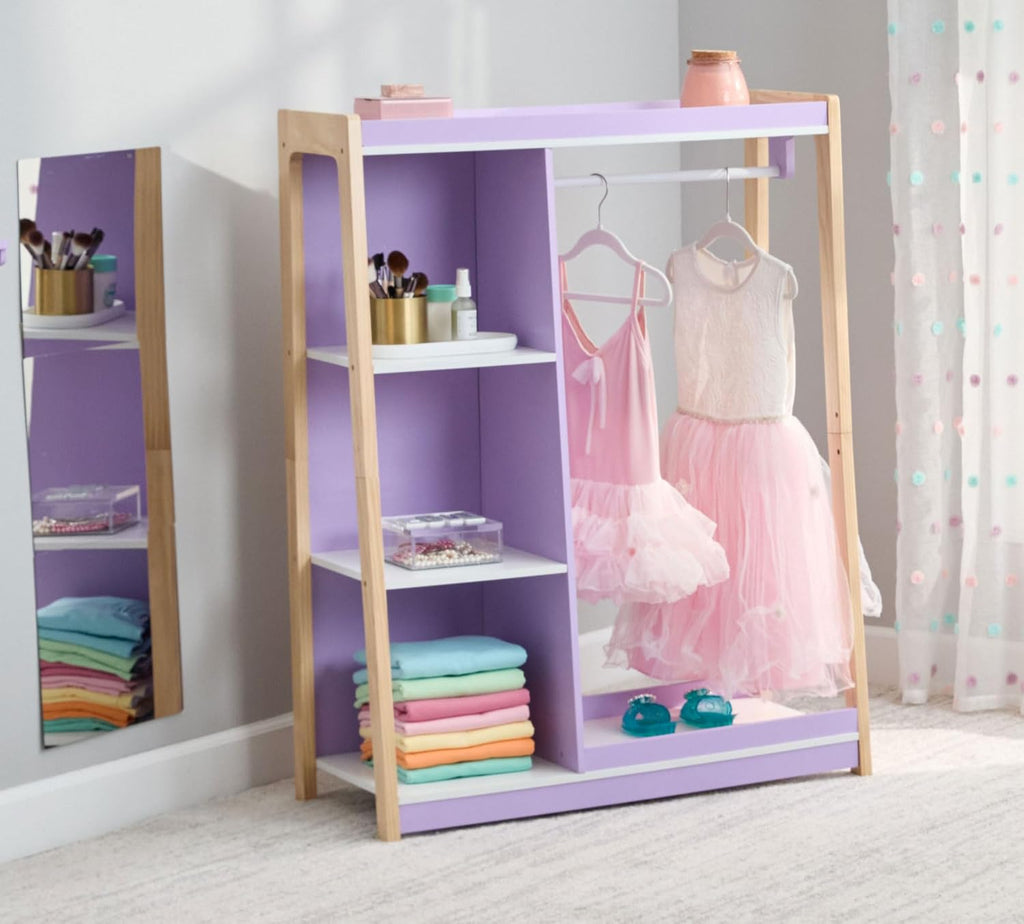 Humble Crew Kids Dress Up Closet with Mirror, Costume Storage Organizer with Hanging Rod & Shelves, Pretend Play Wardrobe for Playroom & Bedroom