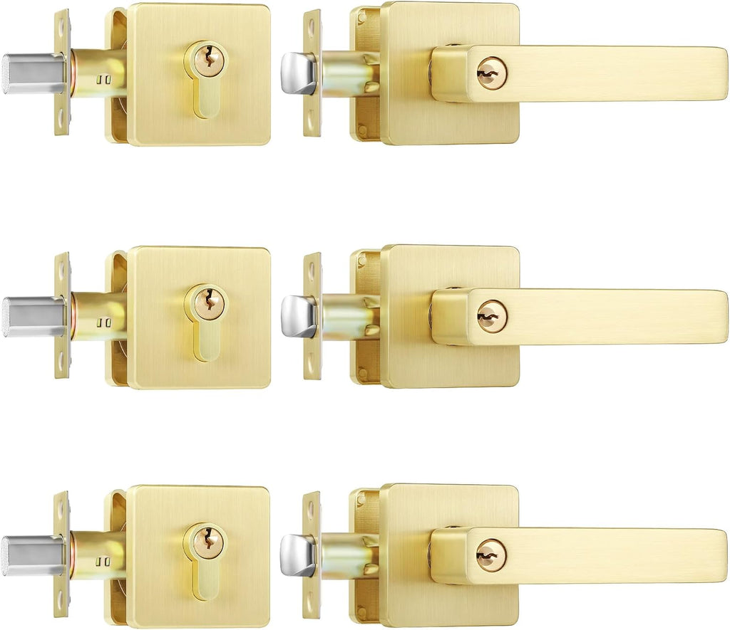 Leydebong 3 Pack Keyed Alike Entry Door Knob and Single Cylinder Deadbolt Combo Set, Modern Satin Brass Exterior Door Knobs with Lock and Keys for Entrance and Front Door