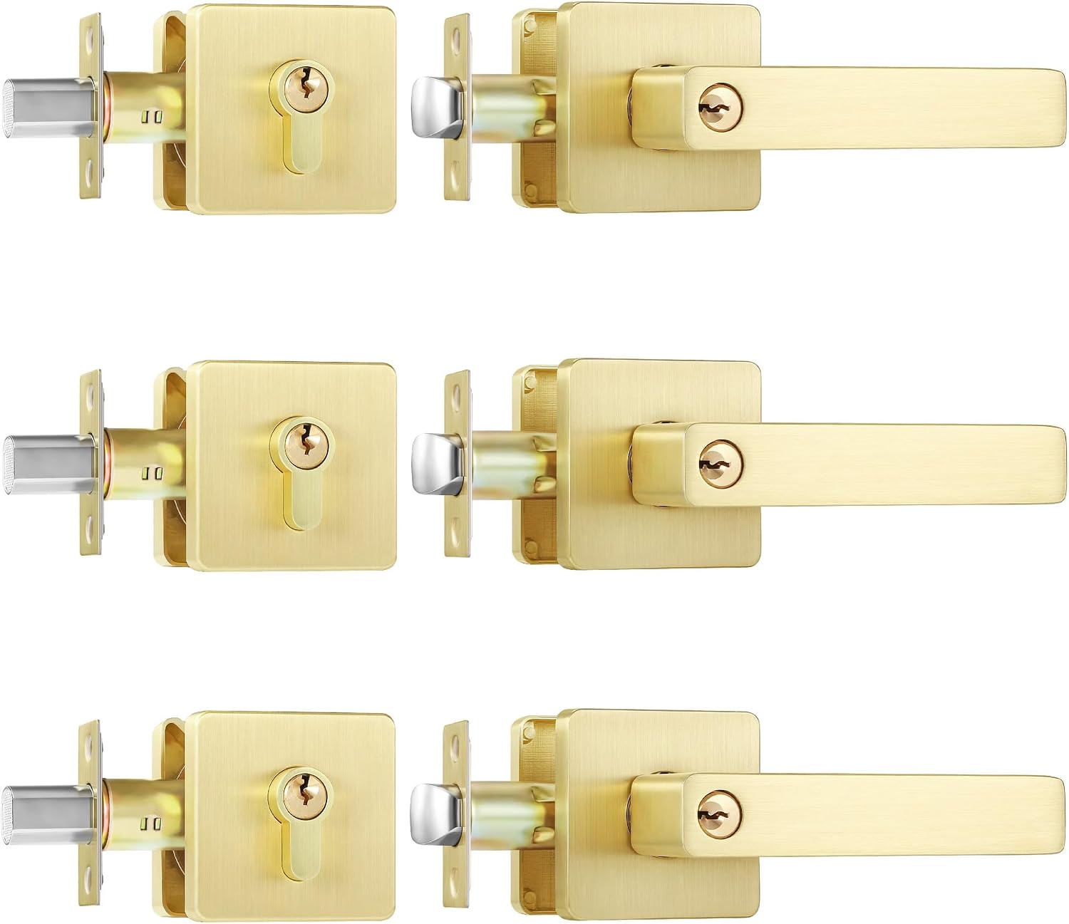 Leydebong 3 Pack Keyed Alike Entry Door Knob and Single Cylinder Deadbolt Combo Set, Modern Satin Brass Exterior Door Knobs with Lock and Keys for Entrance and Front Door