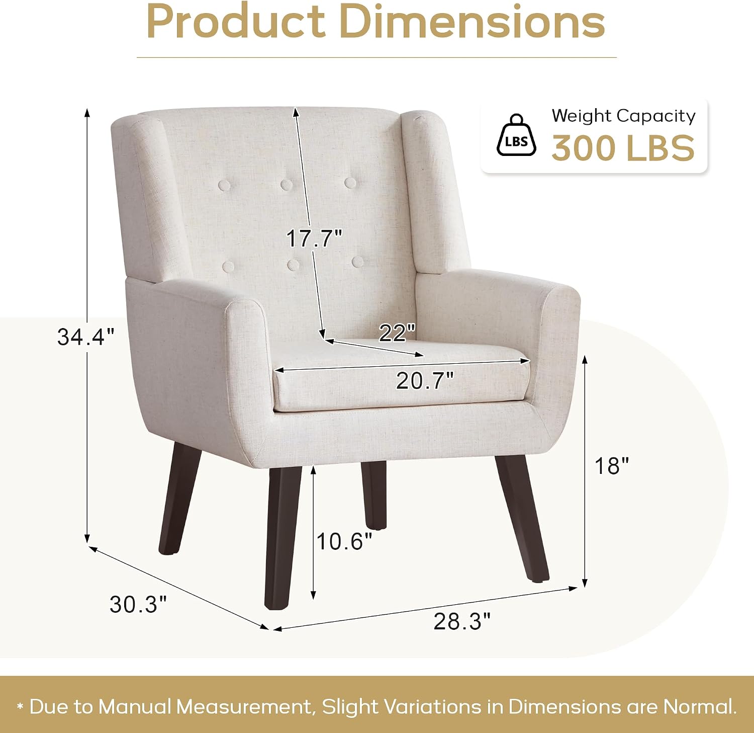 HUIMO Accent Chair for Living Room, Upholstered Button Tufted Armchair with Wooden Legs, Linen Fabric Sofa Chairs for Bedroom, Living Room, Mid-Century Modern Comfy Reading Chair (Beige)