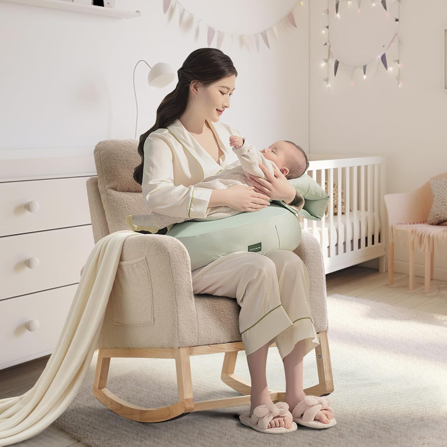 Garvee Teddy Fleece Nursery Rocking Chair,Upholstered Glider with 26' High Backrest, Padded Seat,Modern 300 Lbs Weight Capacity Accent Recliner for Living Room, Bedroom, Reading