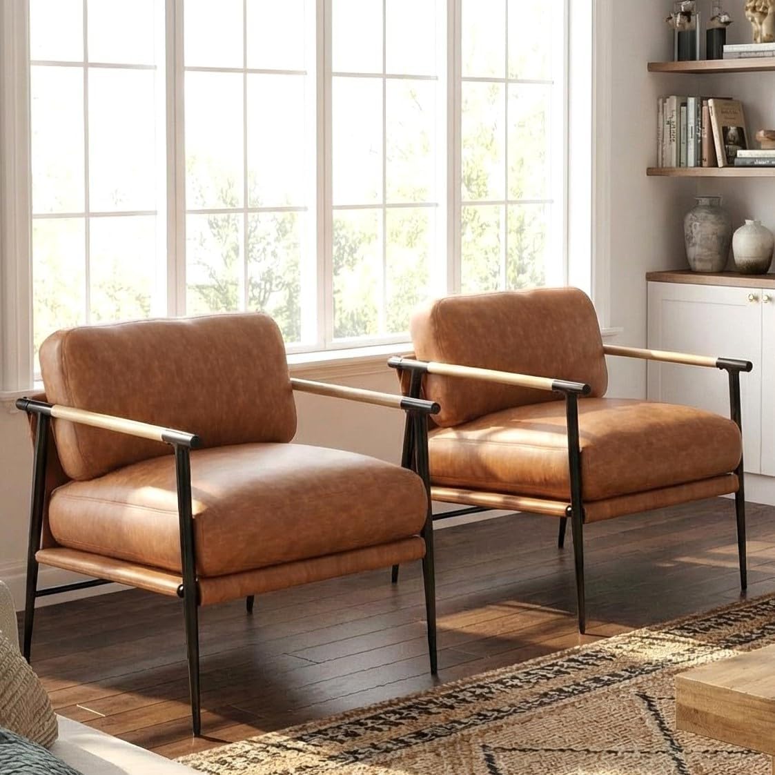 LukeAlon PU Leather Accent Chairs Set of 2 Brown Lounge Chairs with Metal Legs Modern Armchairs Upholstered Mid-Century Comfy Leisure Chair for Bedroom Living Room Reception Area