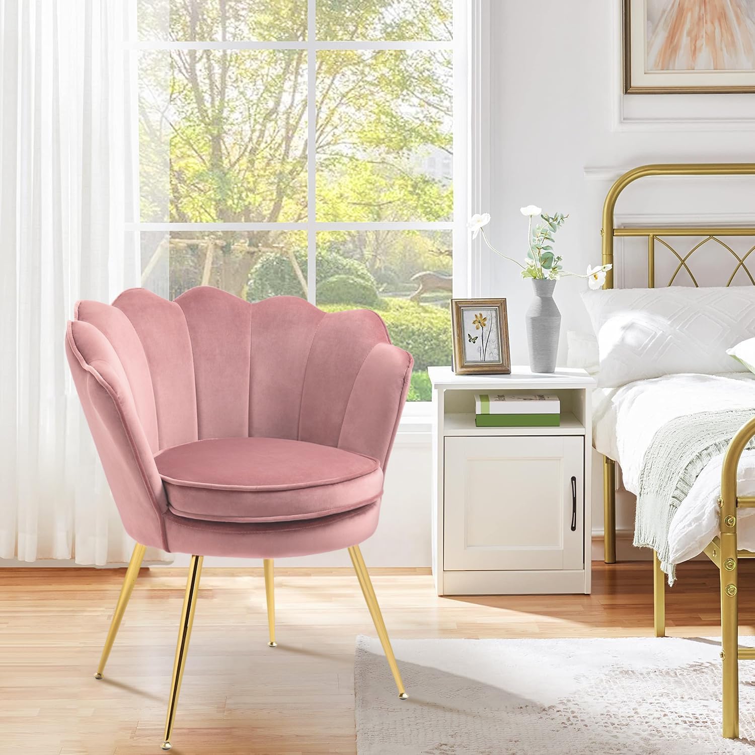Czlolo Accent Chairs Set of 2 for Living Room, Velvet Upholstered Makeup Room Vanity Chair with Back, Golden Metal Legs Small Accent Side Chair for Bedroom, Cloud Chair Set, 2 Pcs Pink