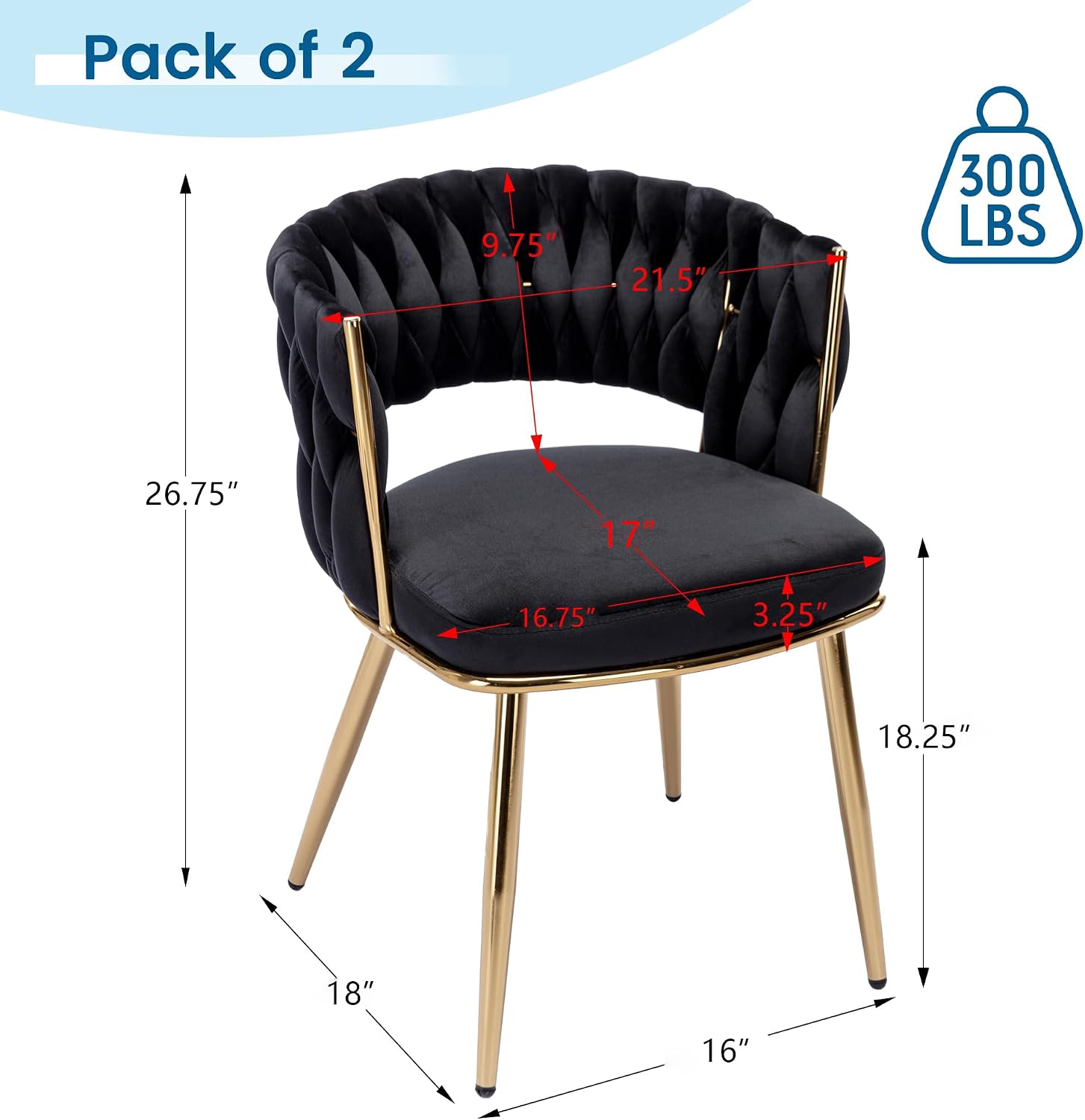 KCC Velvet Dining Chairs Set of 2, Gold Modern Dining Chair with Metal Legs, Woven Upholstered Dining Chairs for Dining Room, Kitchen, Vanity, Living Room (Black)
