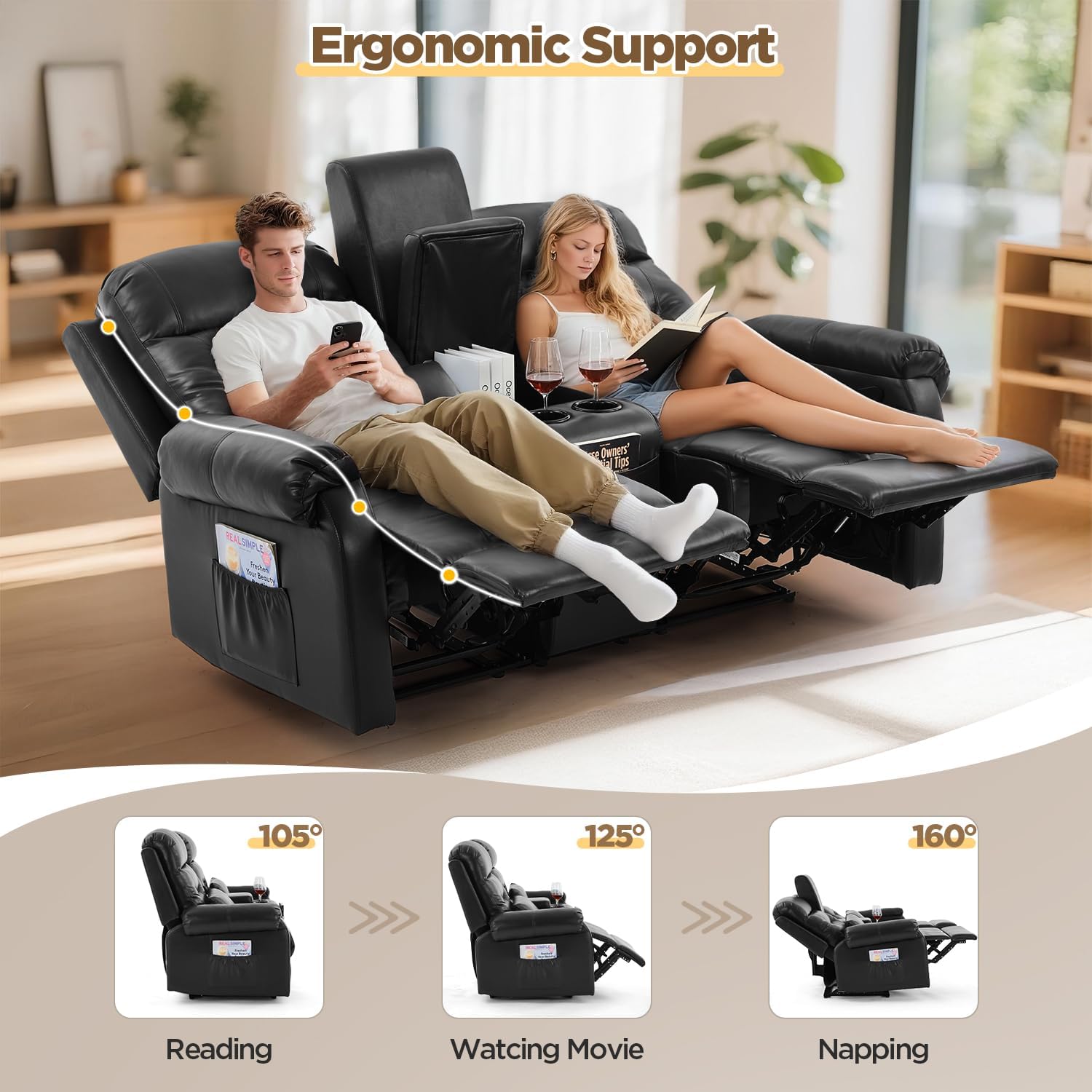 RV Loveseat Recliner with Console, Reclining Loveseat Sofa, Manual Home Theater Seating with Pockets/Cup Holders for Living Room/RV Furniture (Black PU)