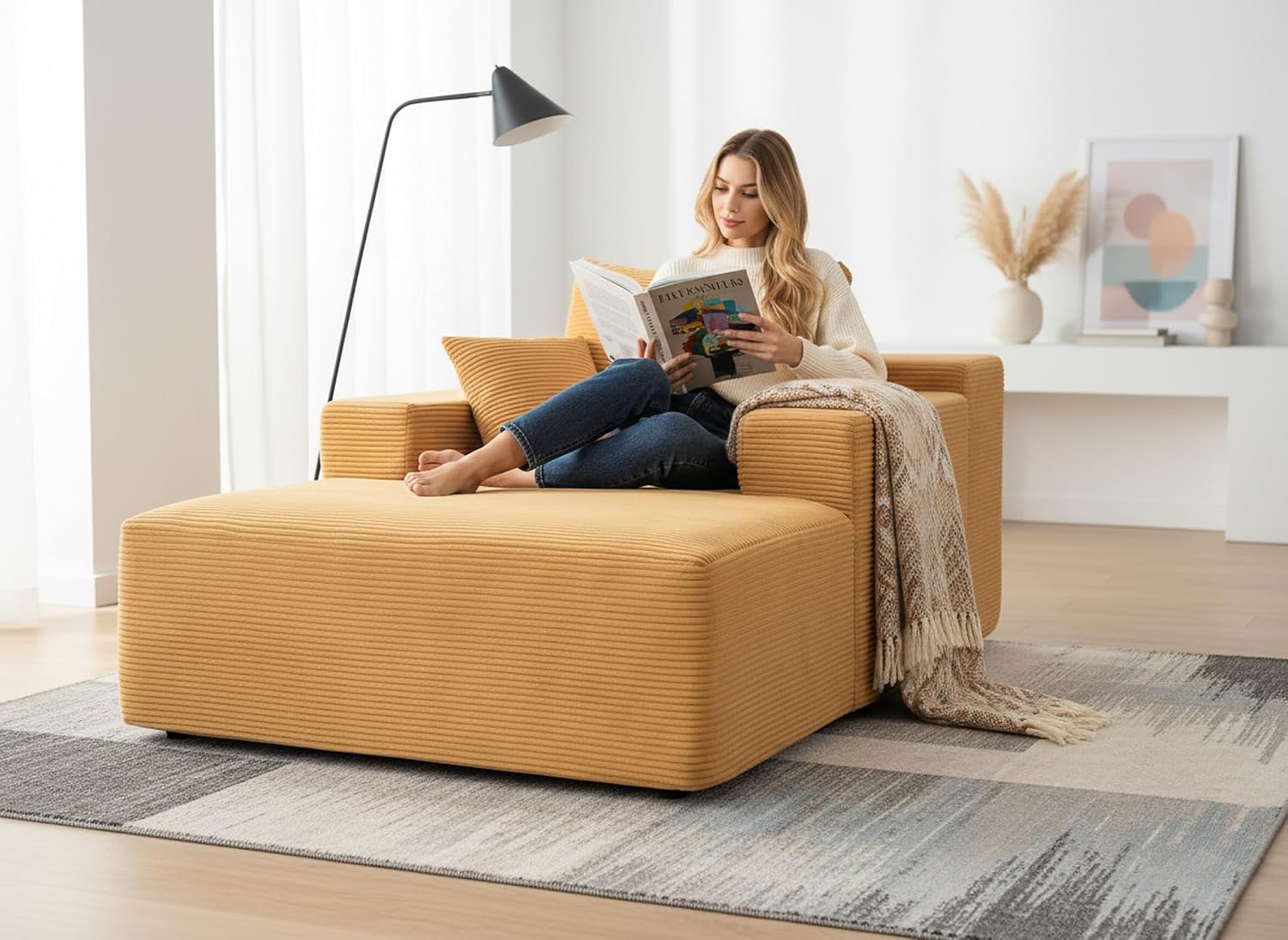 Container Furniture Direct Dawson Convertible Chaise Lounge Chair Indoor – Oversized Corduroy Couch with Wide Armrest & Throw Pillows, Cozy Boneless Sleeper Sofa Bed Armchair, Ginger Yellow
