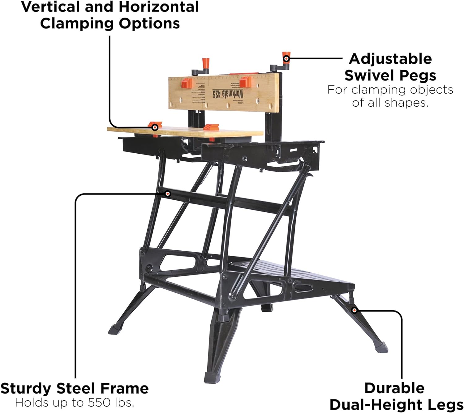 BLACK+DECKER Portable Workbench, Workmate Folding Workbench, 550 lb. Capacity with Clamps for Woodworking (WM425-A)