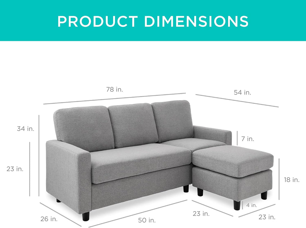 Best Choice Products Upholstered Sectional Sofa for Home, Apartment, Dorm, Bonus Room, Compact Spaces w/Chaise Lounge, 3-Seat, L-Shape Design, Reversible Ottoman Bench, 680lb Capacity - Light Gray
