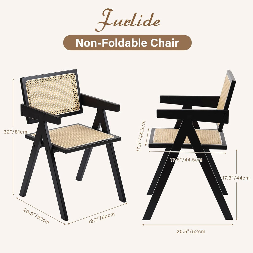 Furlide Rattan Dining Chairs Set of 2, Modern Mid Century Dining Chairs with Arms, Outdoor Bamboo Chairs for Bedroom, Living Room, Reading Room, Black