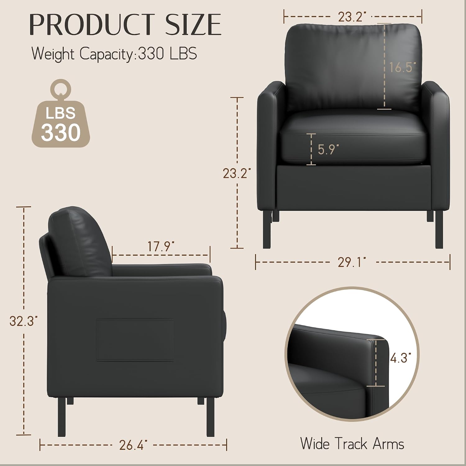 AODAILIHB Black Leather Accent Chair, Modern Accent Chairs with Arms, Small Chair with 2 Pocket/Thick Cushion Comfy Single Seat Sofa Couch for Living Room/Waiting Room/Office (1, Black)