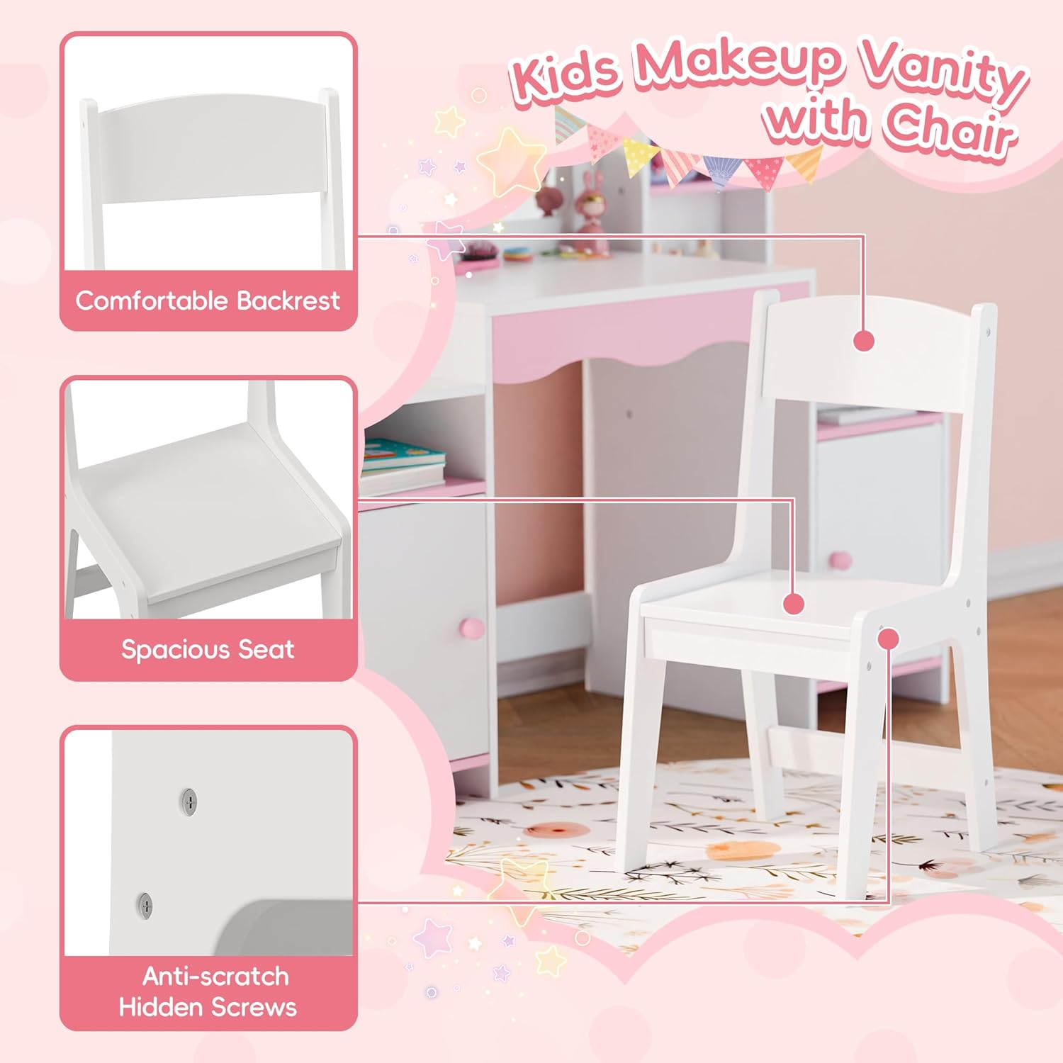 MU Kids Vanity, Girl Vanity Set with Mirror and Stool, 2 in 1 Toddler Makeup Vanity Table with Jewelry Storage, Wooden Princess Makeup Desk Dressing Table for Little Girls, (White)