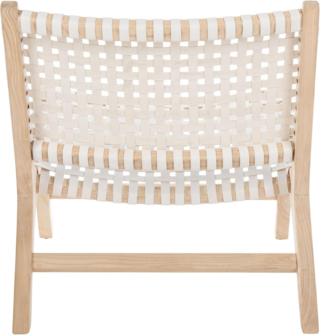 SAFAVIEH Home Collection – Luna Natural Solid Wood & White Leather Woven Accent Chair, Contemporary Lounge Chair, Fully Assembled (ACH1002A)