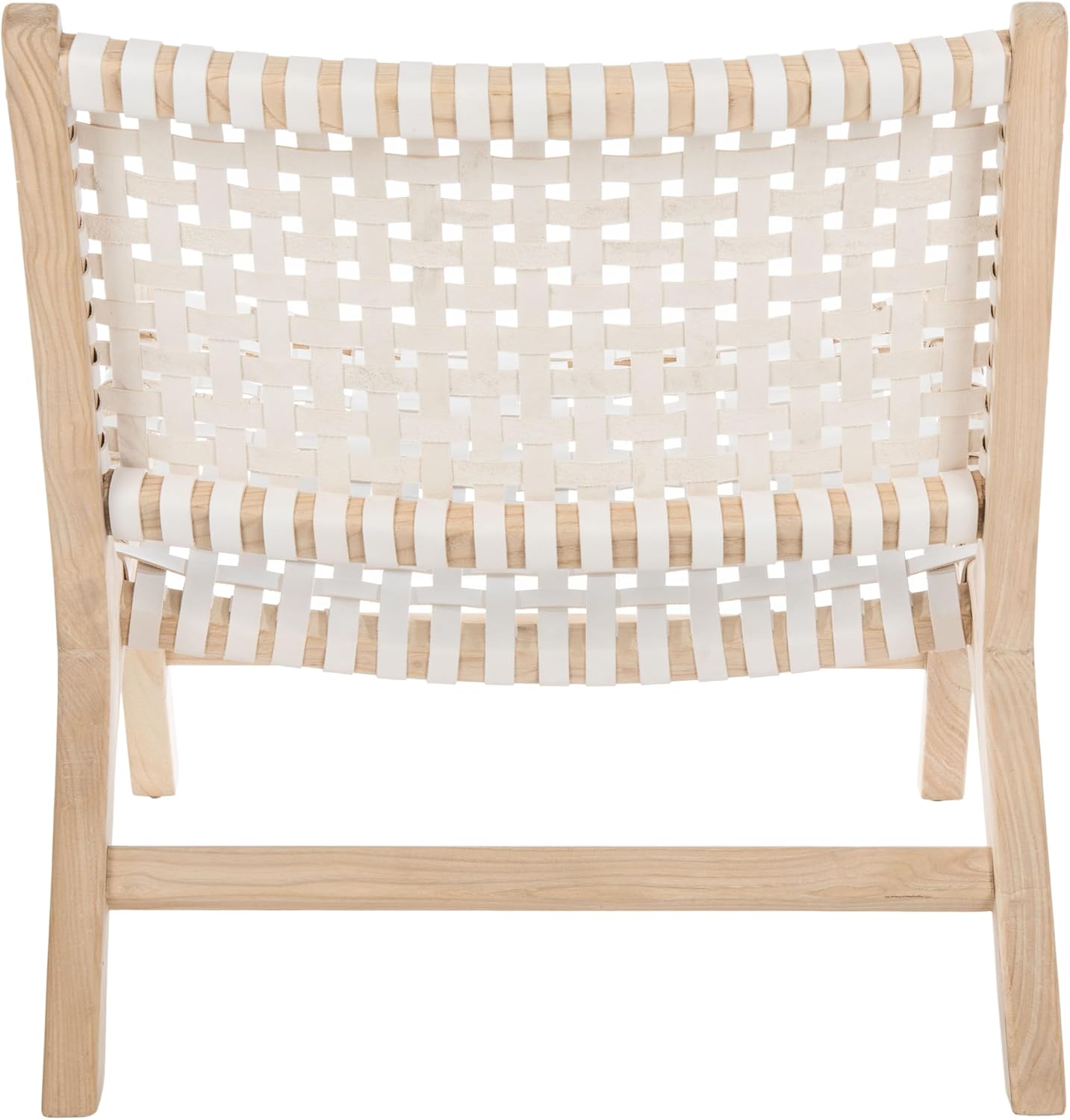 SAFAVIEH Home Collection – Luna Natural Solid Wood & White Leather Woven Accent Chair, Contemporary Lounge Chair, Fully Assembled (ACH1002A)