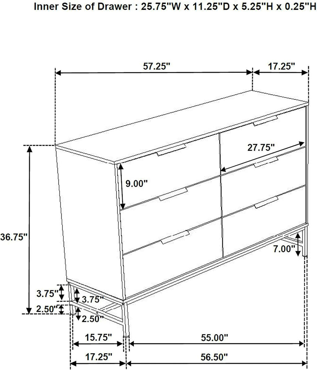 Coaster Home Furnishings - Sonora - Melamine - 6-Drawer Dresser with Contemporary Style, Black Metal Base, Bar Pull Handles, Rectangular Structure, Tip-Over Restraint - Bedroom - White - 224863