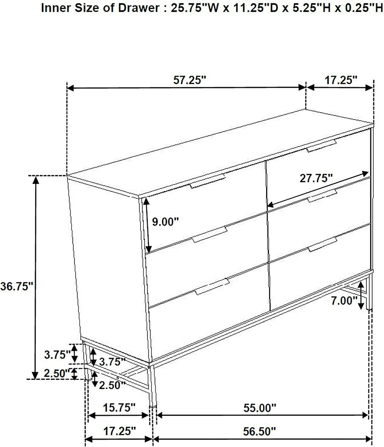 Coaster Home Furnishings - Sonora - Melamine - 6-Drawer Dresser with Contemporary Style, Black Metal Base, Bar Pull Handles, Rectangular Structure, Tip-Over Restraint - Bedroom - White - 224863