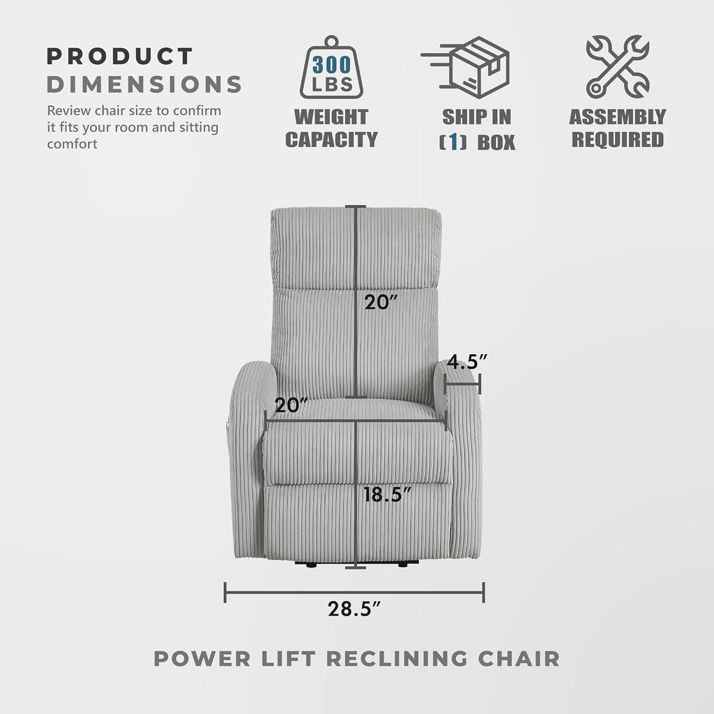 Lexicon Power Lift Recliner Chair for Elderly with Remote Control, Gentle Lift Motion, Side Pocket Armrest, Corduroy Upholstered Electric Recliner for Living Room/Bedroom, Easy Assembly, Light Gray