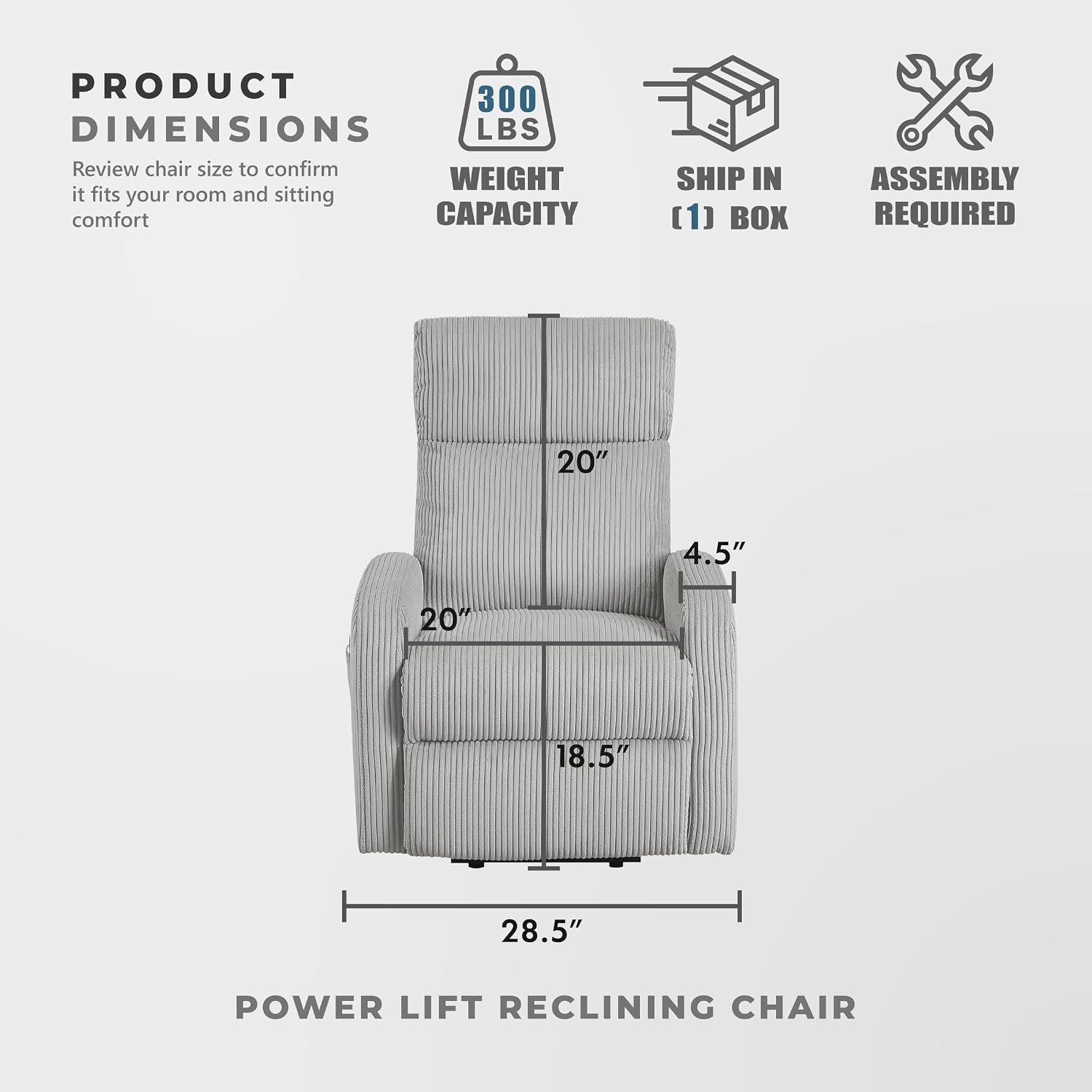 Lexicon Power Lift Recliner Chair for Elderly with Remote Control, Gentle Lift Motion, Side Pocket Armrest, Corduroy Upholstered Electric Recliner for Living Room/Bedroom, Easy Assembly, Light Gray