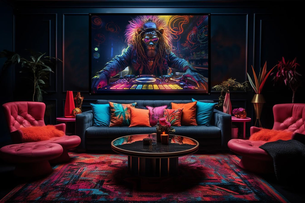 Cyberpunk Rasta Lion DJ, UV tapestry, Blacklight Reactive Wall Hanging, Neon Backdrop, Party Decor, Psychedelic Tapestry, Visionary Wall Art (Large)