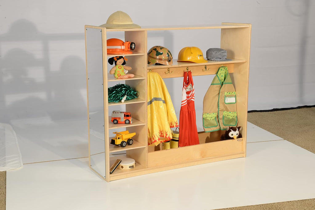 Wood Designs Baltic Birch Wooden Toddlers Fashion Pretend Dress-Up Station with 6 Shelves, Montessori Kids Room Furniture with Mirror & Hooks for Costume Storage
