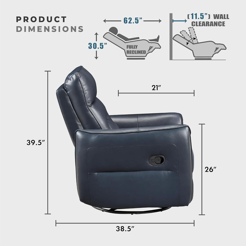 Lexicon Swivel Glider Reclining Chair, Top Grain Leather Match Manual Recliner, Comfy Nursery Glider Recliner, Swivel Reclining Chair for Living Room/Office/Bedroom/Apartment, Dark Blue