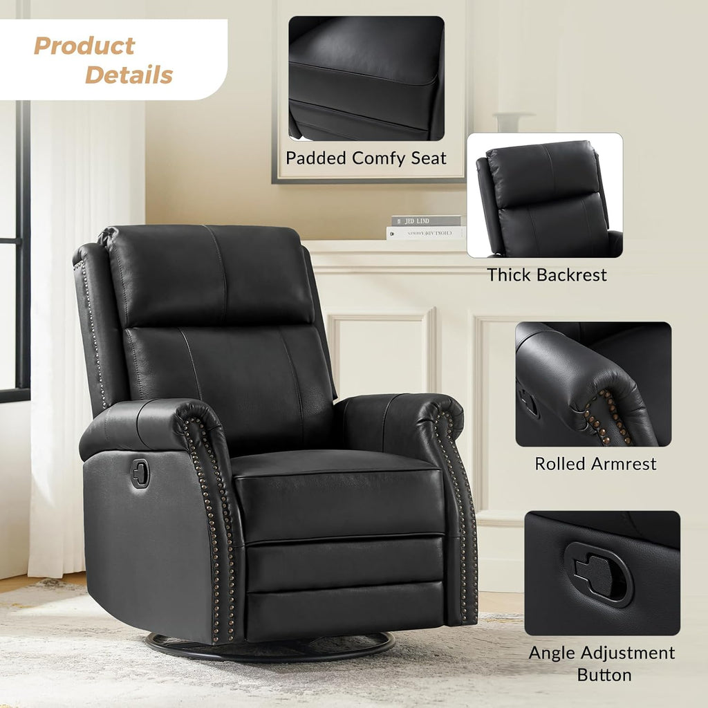 HULALA HOME Genuine Leather Swivel Rocker Recliners Set of 2 with Adjustable Backrest & Footrest,Manual Glider Recliner Chair with Swivel Base, Home Theater Sofa Armchair for Living Room Bedroom,BLACK