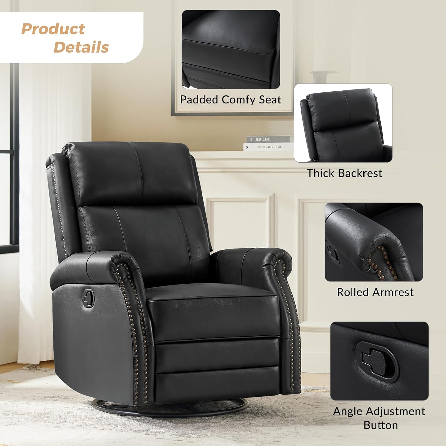 HULALA HOME Genuine Leather Swivel Rocker Recliners Set of 2 with Adjustable Backrest & Footrest,Manual Glider Recliner Chair with Swivel Base, Home Theater Sofa Armchair for Living Room Bedroom,BLACK
