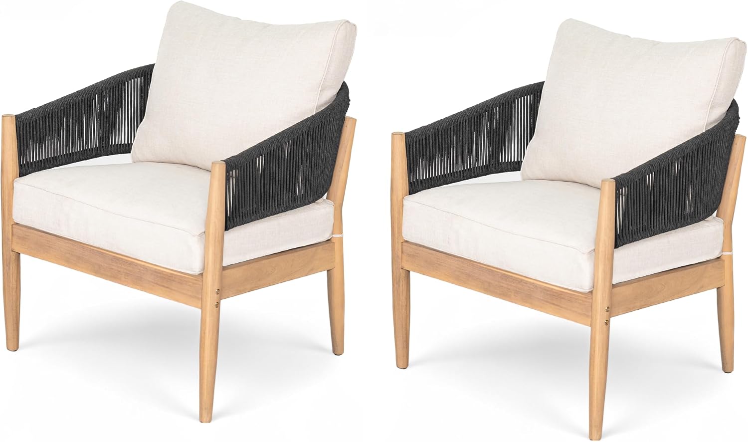 Christopher Knight Home Naomi Set of 2 Patio Acacia Wood Club Chair with Cushions, Handwoven Rope Lounge Chair Outdoor for Porch/Backyard, Stylish Garden Seating with Curved Backrest, Beige + Black