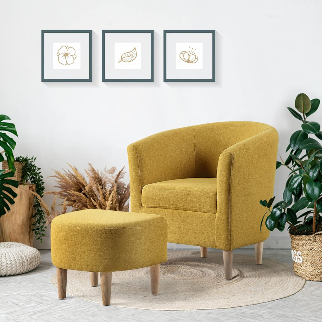 DAZONE Modern Accent Chair, Upholstered Arm Chair Linen Fabric Single Sofa Chair with Ottoman Foot Rest Mustard Yellow Comfy Armchair for Living Room Bedroom Small Spaces Apartment Office
