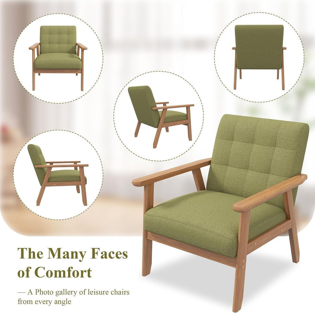 Westice Accent Chairs Set of 2, Mid-Century Living Room Chairs with Solid Wood Frame & Soft Thicken Cushion, Upholstered Arm Reading Chair for Bedroom, Balcony, Green Linen Fabric & Natural Legs