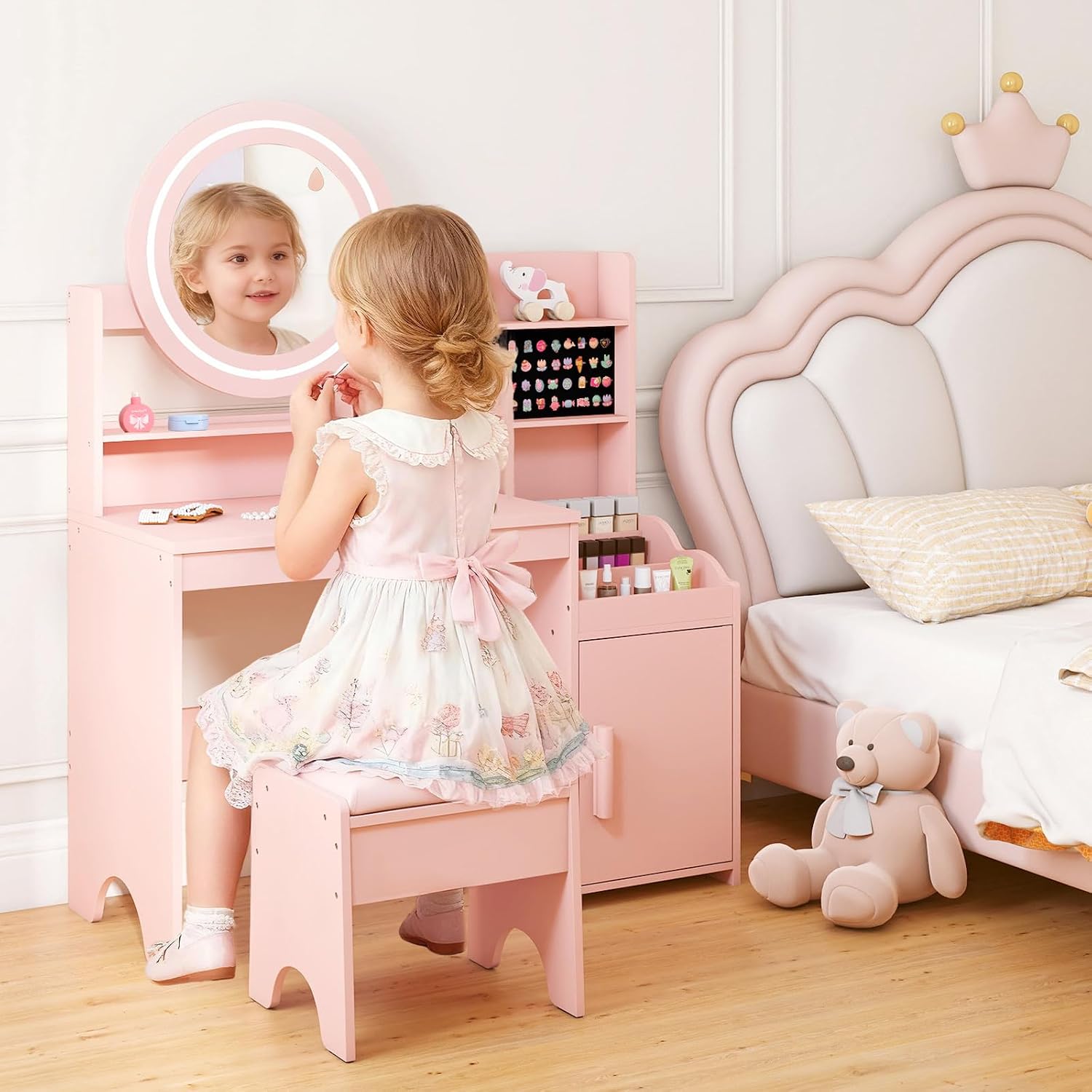 INFANS Kids Vanity with Lights, Princess Makeup Desk with Mirror Storage Shelves, Toddler Table and Chair Set Pretend Play for Girls Aged 4-9