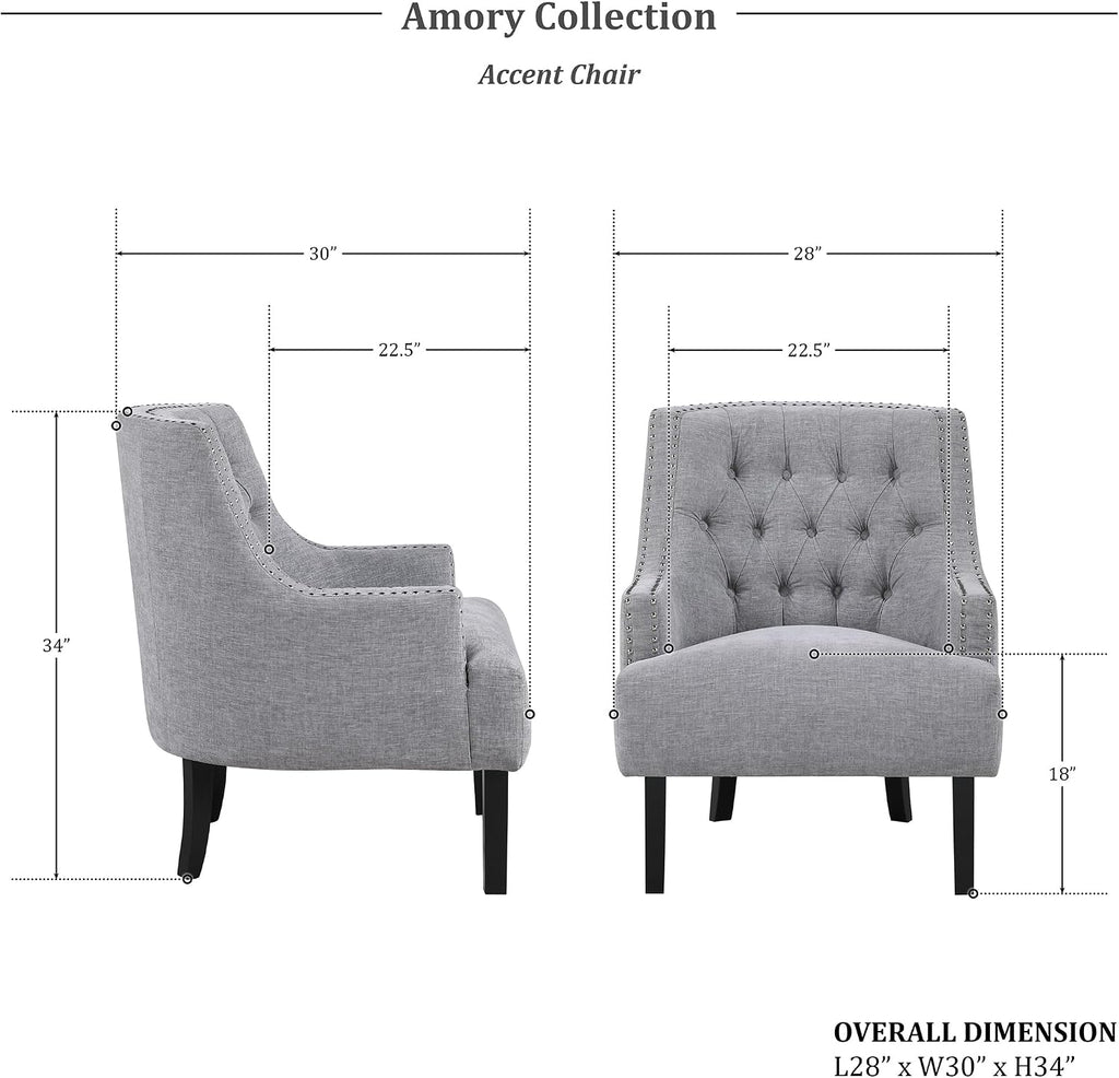 Lexicon Accent Chair Reading Chair Comfy Chair for Bedroom, Upholstered Armchair with Solid Wood Frame, Tufted Cushion Nail Head Trim, Single Sofa Chair for Living Room, Office, Grey Chenille