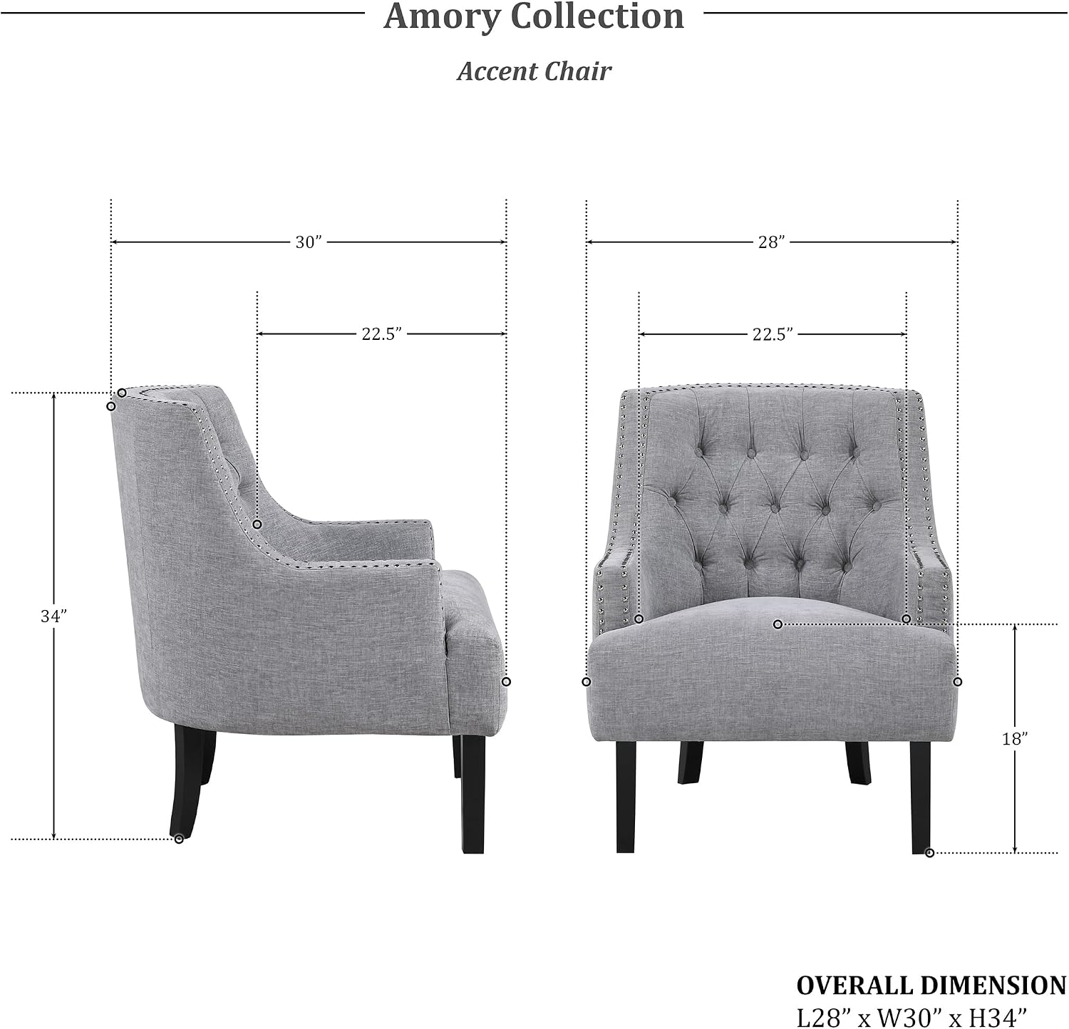 Lexicon Accent Chair Reading Chair Comfy Chair for Bedroom, Upholstered Armchair with Solid Wood Frame, Tufted Cushion Nail Head Trim, Single Sofa Chair for Living Room, Office, Grey Chenille