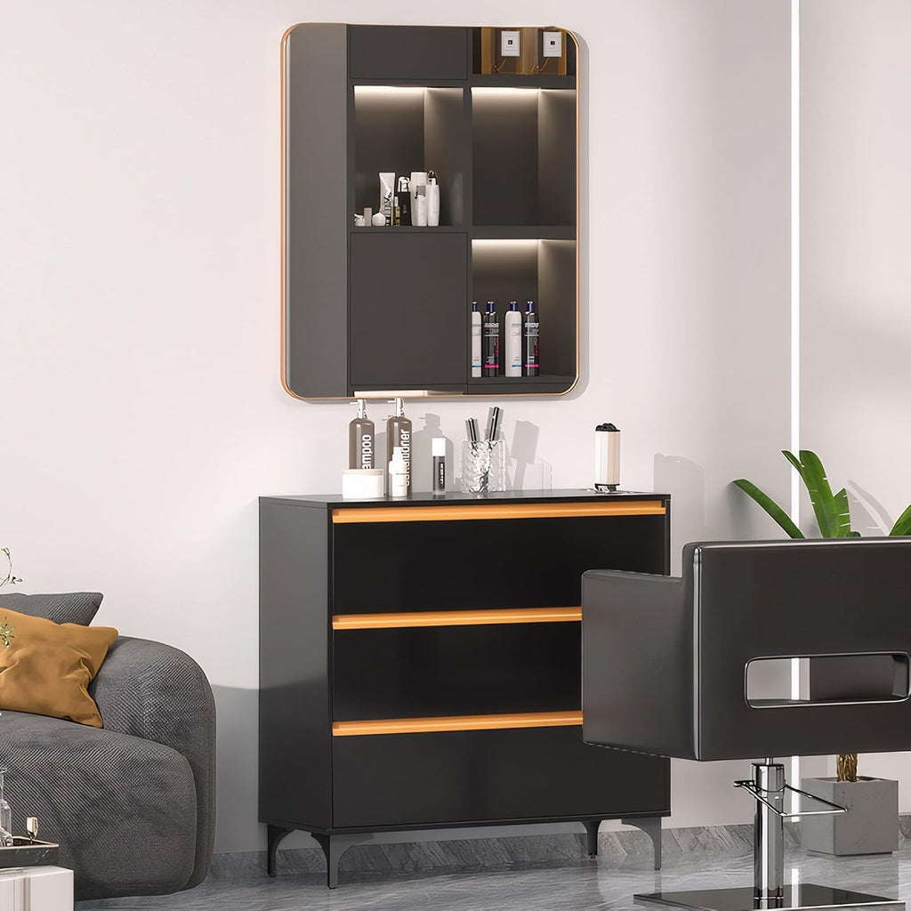 OmySalon Salon Station for Hair Stylists, Barber Free Standing Styling Cabinet with 3 Drawers, Square Mirror & Hair Dryer Holders, Modern Black Gold Beauty Dresser for Salon, Spa, Home