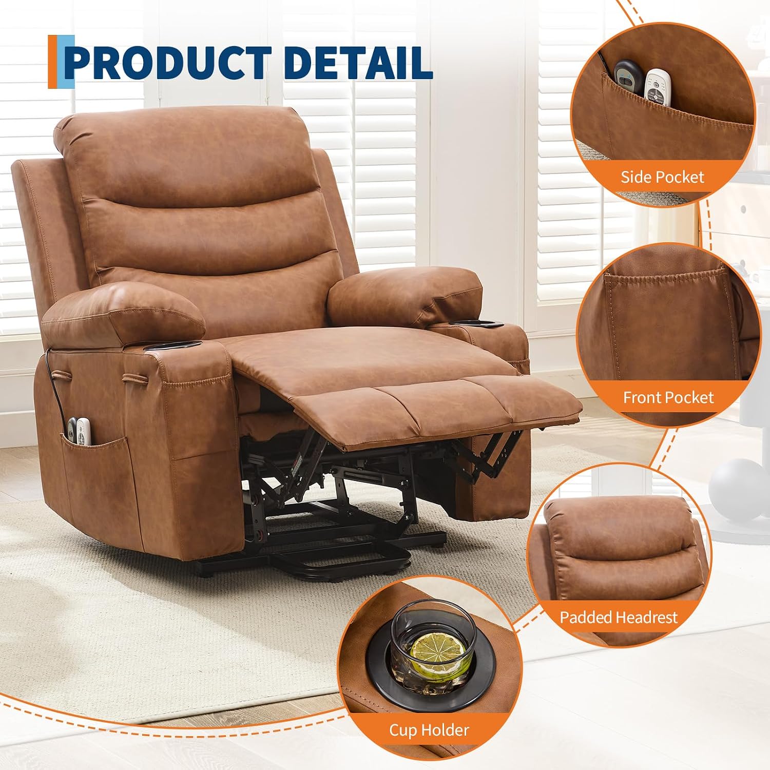 GarveeHome Power Lift Recliner Chair for Elderly, Oversized Electric Lift Chair with Heat and Massage, PU Leather Adjustable Recliner with Cup Holders & Side Pocket for Living Room, Brown