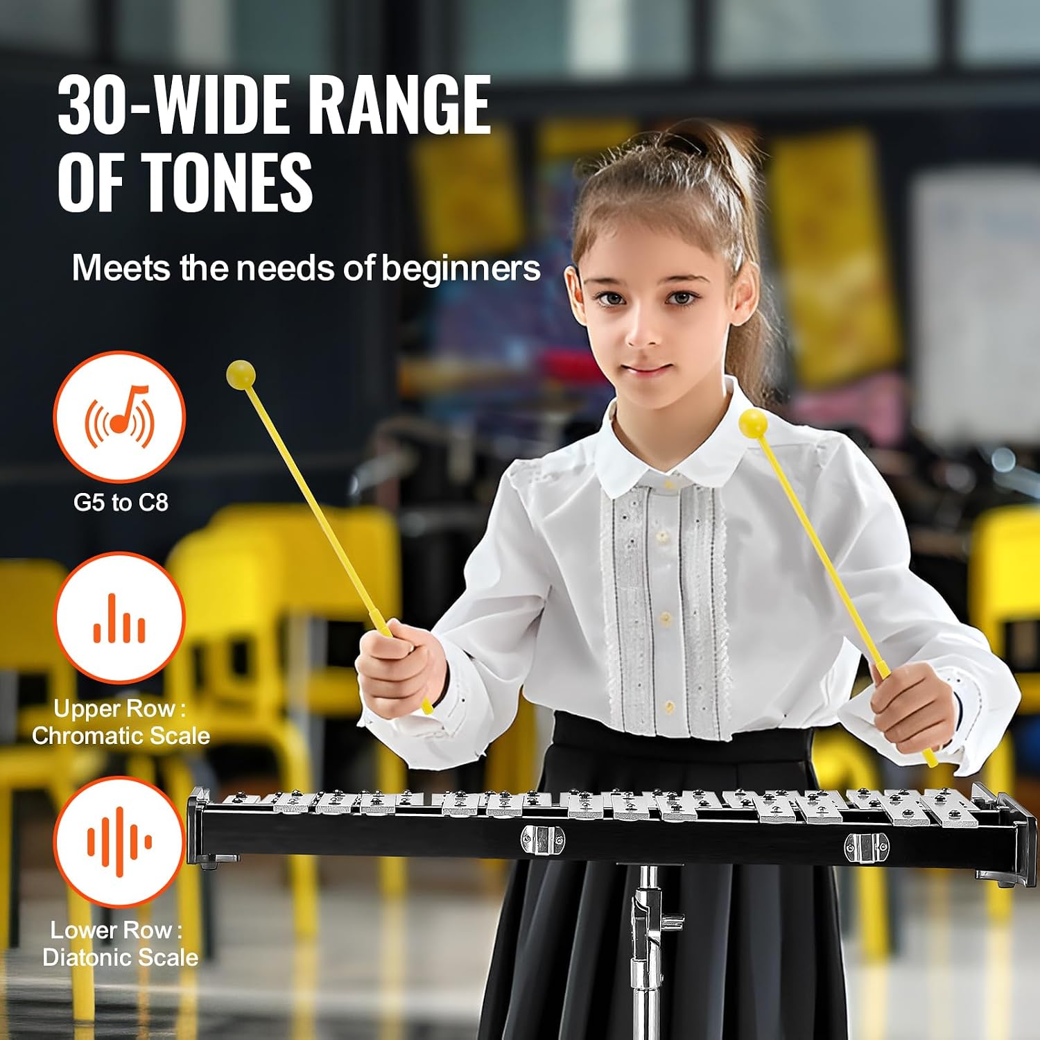 Happybuy 30-Note Glockenspiel Xylophone Bell Kit, Percussion Set with Mallets, Drum Sticks, Music Stand, 8' Practice Pad, Adjustable Stand, Carrying Bag, for Students & Adults