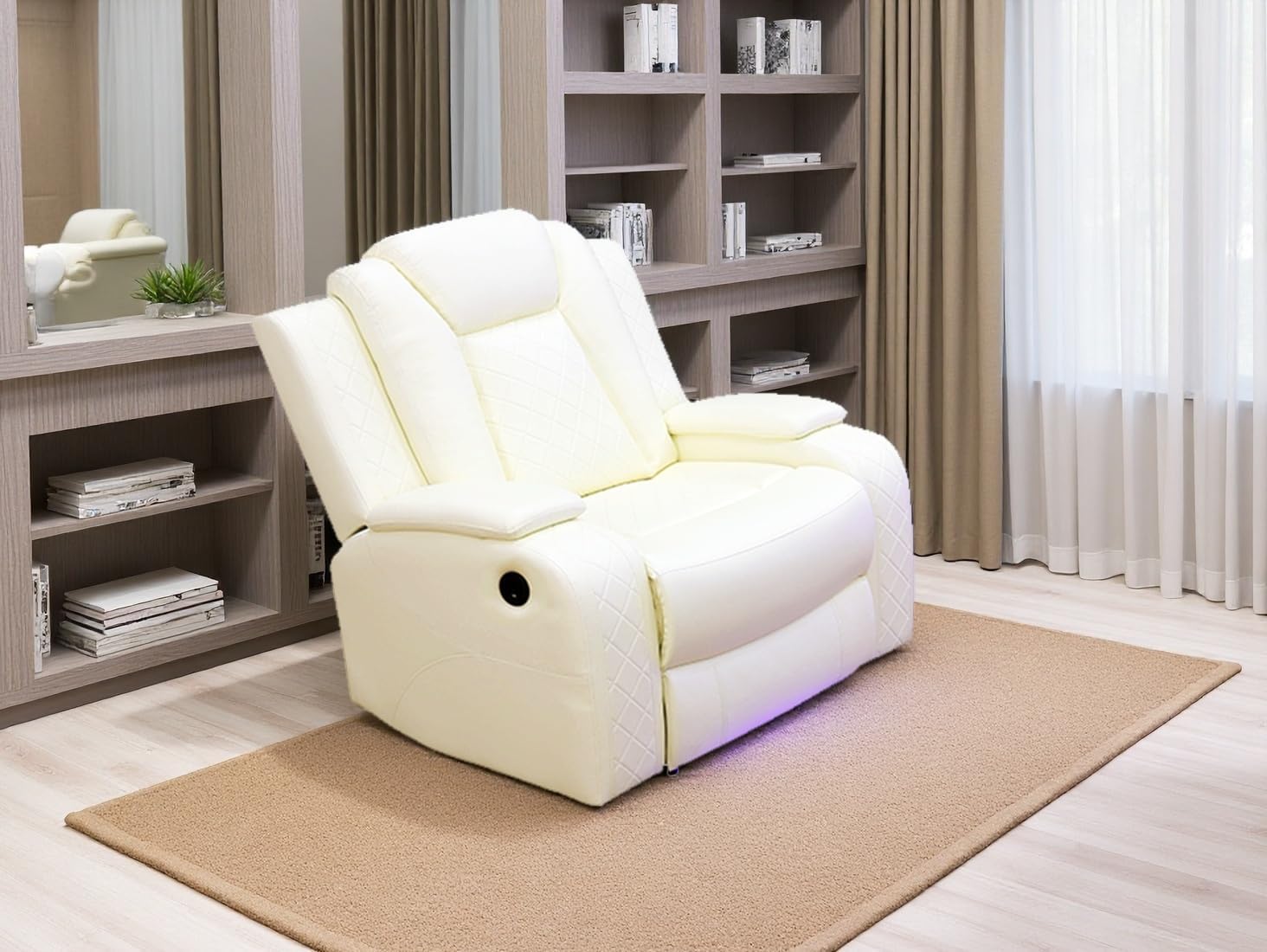 Vanilla White Breathing Leather Reclining Sofa Chair, Living Room Sofa Set, Power Theater Recliner Chair, Comfy Recliner with LED Light/USB Port for Living Room, Bedroom, Office, Home Theater