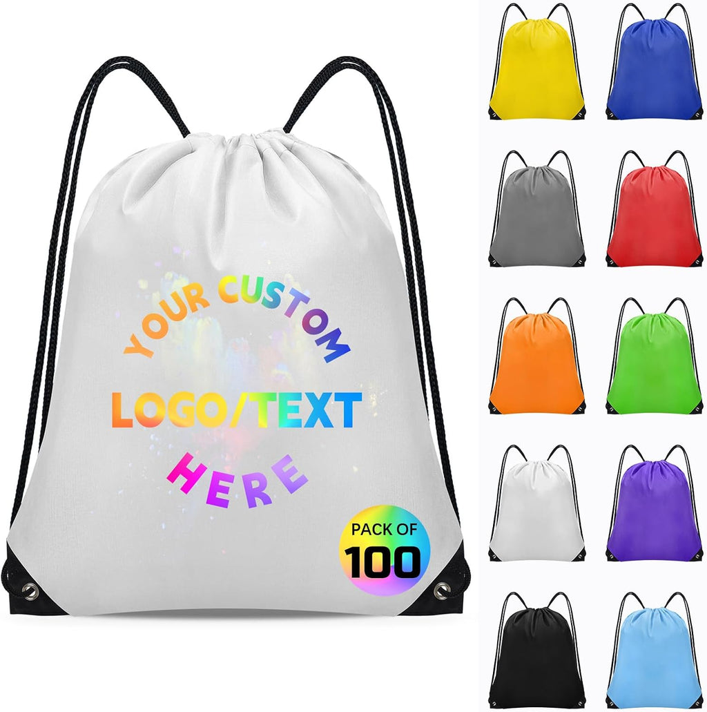 Grneric Custom Drawstring Bags Bulk 10/20/50/100/200 Pack, Promotional Items With Your Logo Personalized String Backpack for Gym, Sport, Travel, White