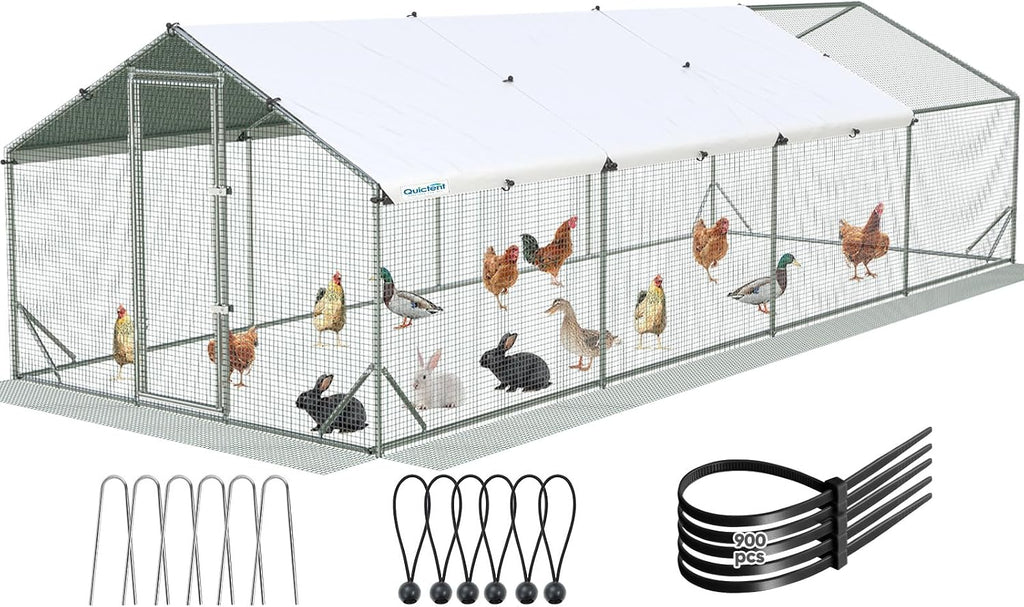 Quictent Large Metal Chicken Coop Run for 45+ Poultry with Side Hardware Cloth & Waterproof Cover, Advanced Series Outdoor Walk-in Cage Hen Duck Rabbit Dog Pen Yard Farm House, 24x9x6.6FT