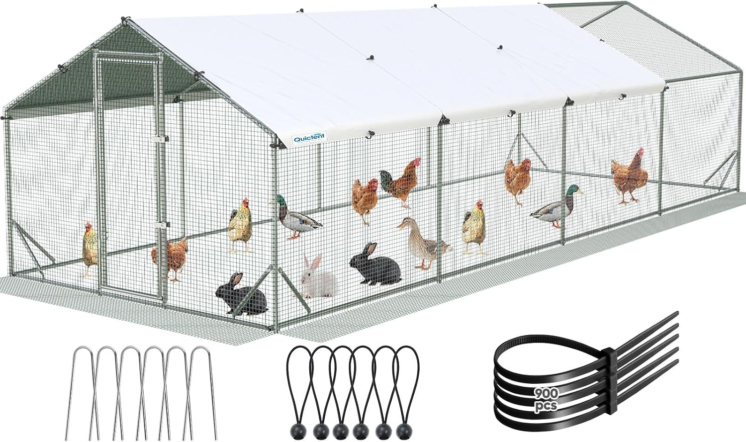 Quictent Large Metal Chicken Coop Run for 45+ Poultry with Side Hardware Cloth & Waterproof Cover, Advanced Series Outdoor Walk-in Cage Hen Duck Rabbit Dog Pen Yard Farm House, 24x9x6.6FT