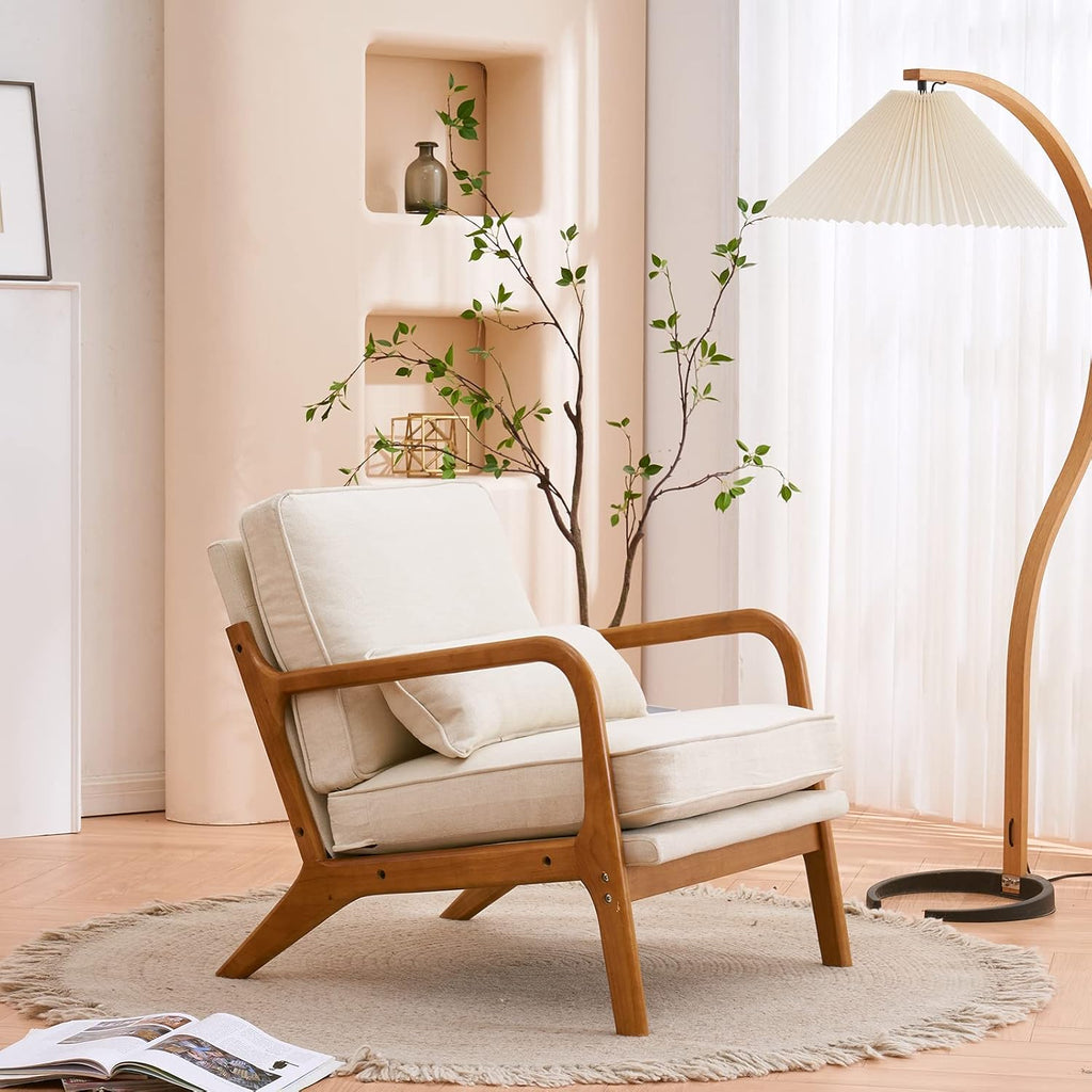 Karl home Accent Chairs Set of 2, Mid-Century Modern Chair with Pillow Upholstered Lounge Arm Chair with Solid Wood Frame & Soft Cushion for Living Room, Bedroom, Balcony, Beige