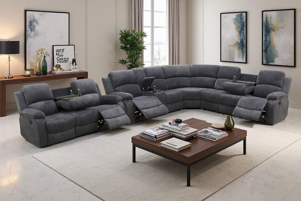 A Ainehome Sectional Recliner Sofa Set with Storage, Living Room Furniture Set Corduroy Sofa Sets Manual Reclining Sectional Couches for Living Room with 4 Recliner Seats(Living Room Set, Dark Grey)