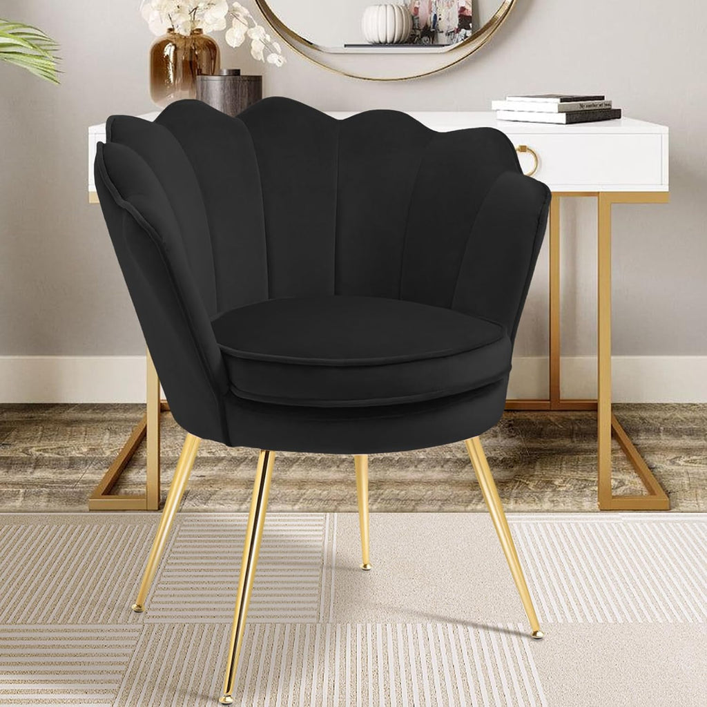 Czlolo Accent Chairs Set of 2 for Living Room, Velvet Upholstered Makeup Room Vanity Chair with Back, Golden Metal Legs Small Accent Side Chair for Bedroom, Cloud Chair Set, 2 Pcs Black