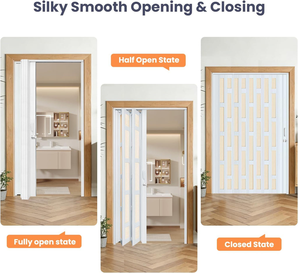 DIYHD 72X80in Glass Accordion Door, Large PVC Folding Door with Frosted Acrylic Panel for Privacy & High Light Transmission – Ideal for Oversized Openings, Space-Saving Closet or Room Divider