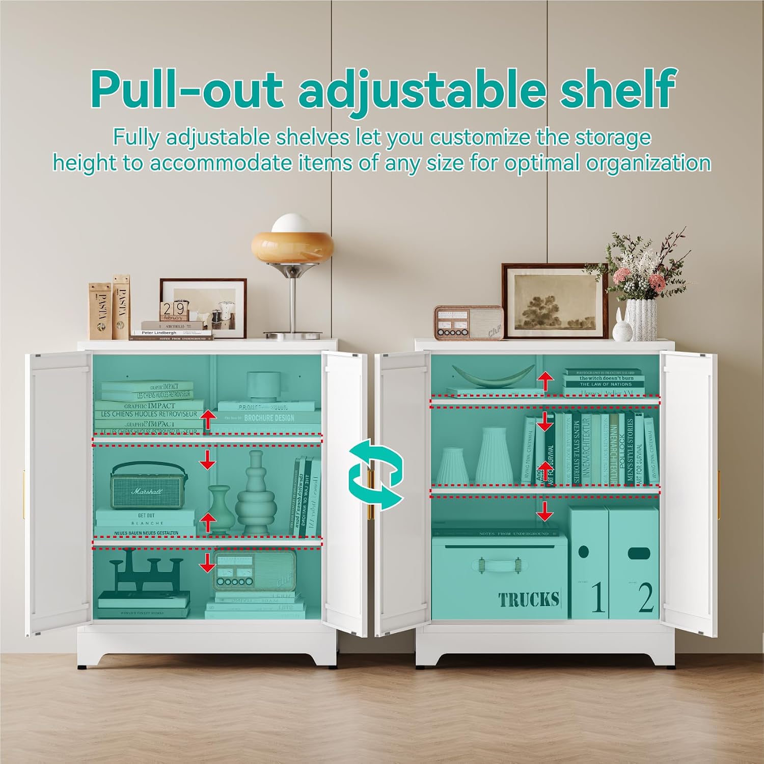 39.5'H Farmhouse Metal Floor Cabinet,31.5' Wide by 15.8' Deep Sideboard Storage with 2 Adjustable Shelves,Modern Cabinet for Bathroom Entryway Living Room Hallway Dining Room Kitchen,White